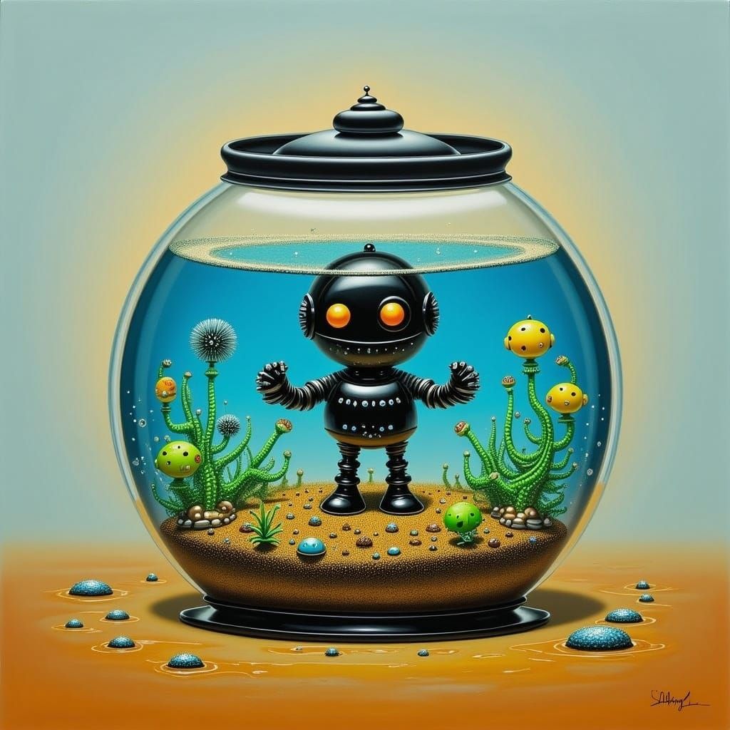 Cute Robot Holding a Fishbowl
