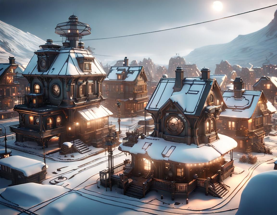 Magical Steampunk Winter Village in 8K
