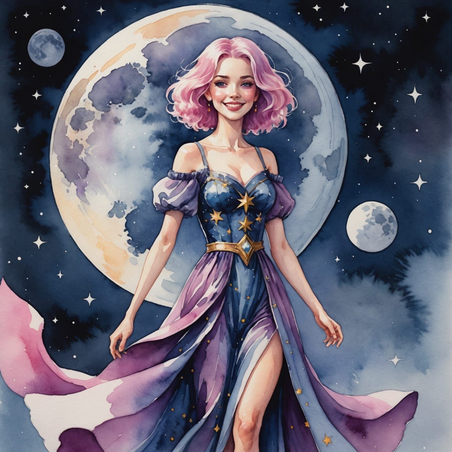Enchanting Watercolor Fantasy with Pink Haired Goddess