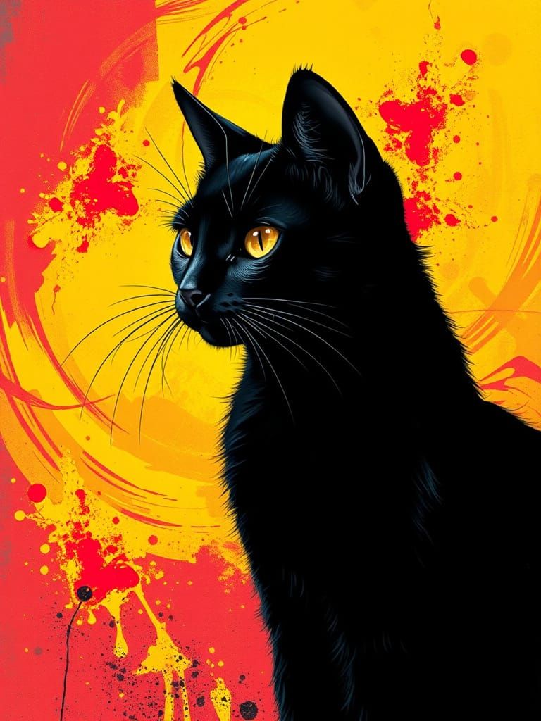 Bold Shadow Cat in Dreamlike Graffiti Landscape