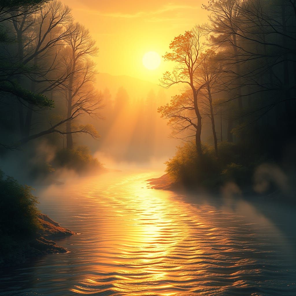 Misty River at Sunset in Ethereal 8K Concept Art