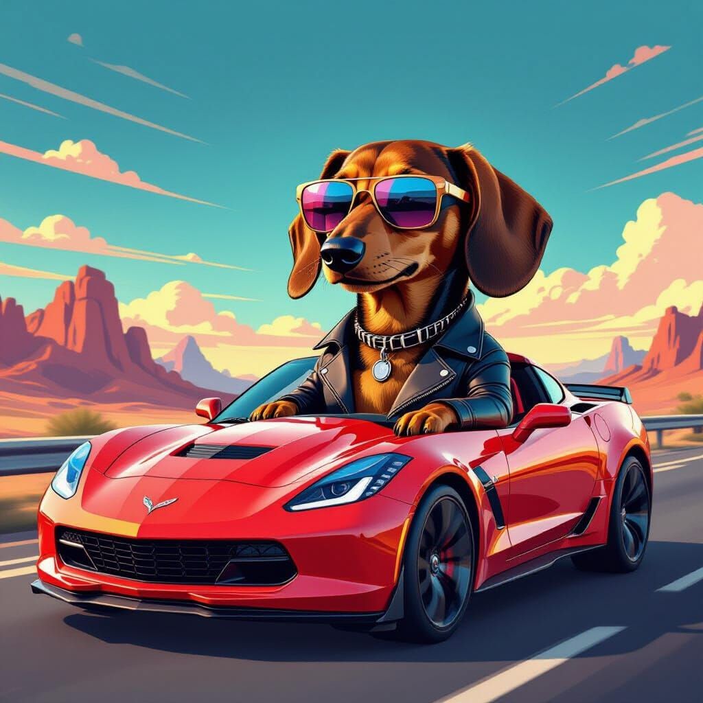 Dachshund Drives Corvette in a Futuristic Scene