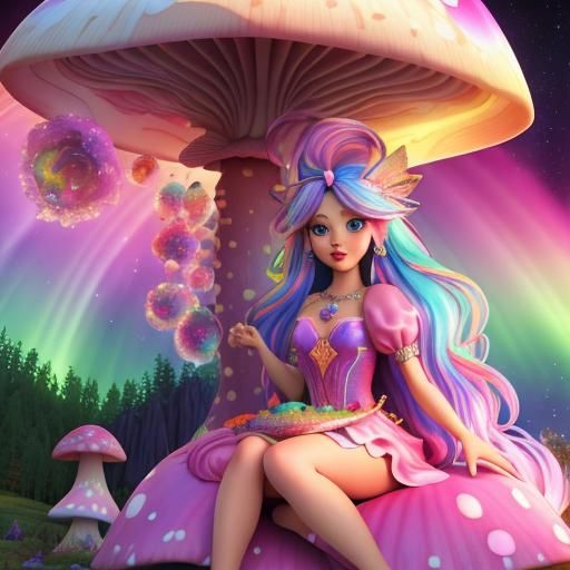 Rainbow Fairy on Mushroom, Watercolor Style