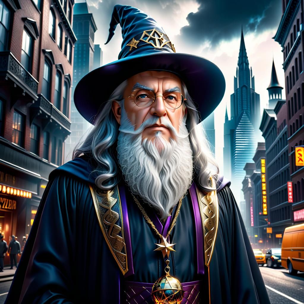 Hyperrealistic Portrait of a Big City Wizard