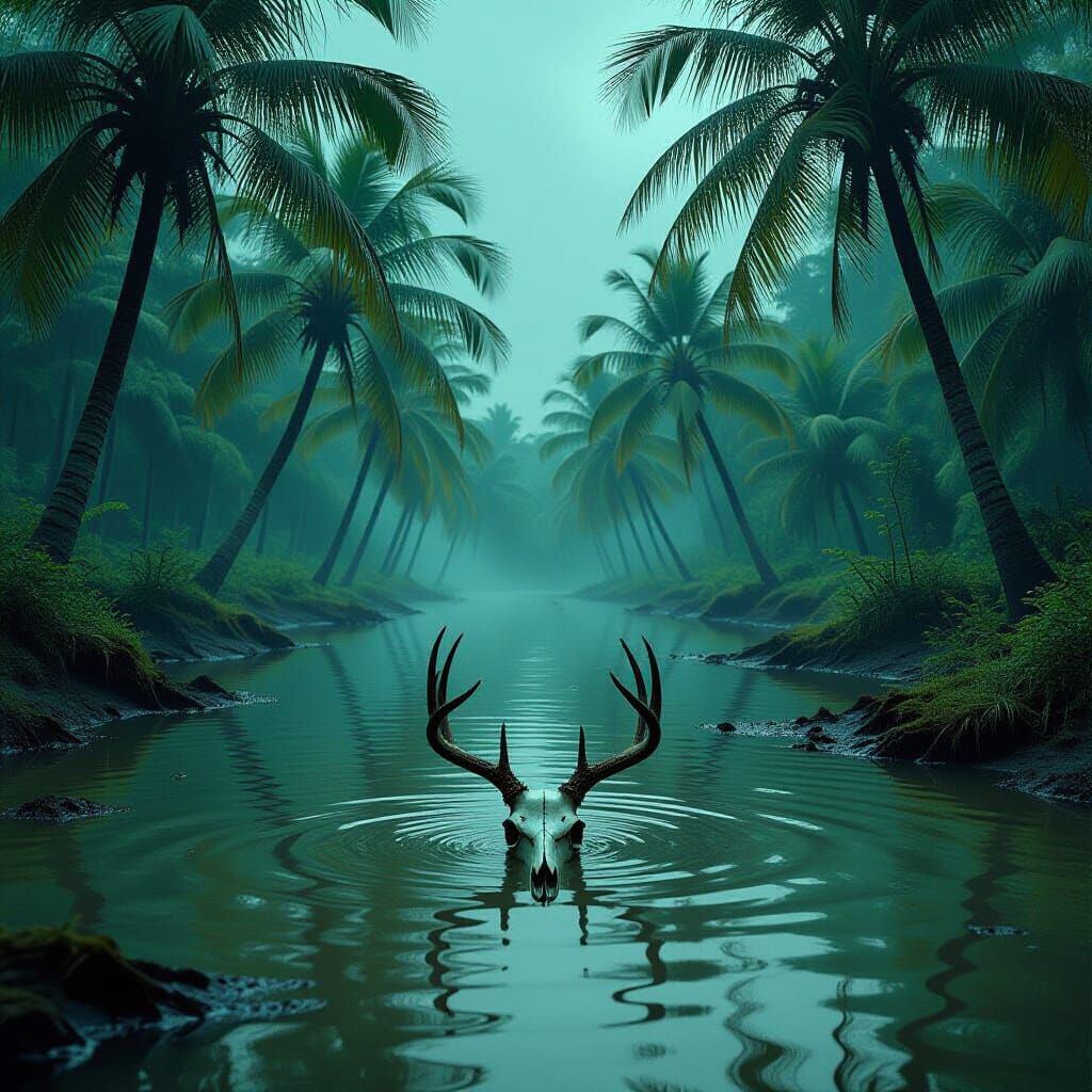 Creepy Island Pond with Deer Skull, in Dark Realism