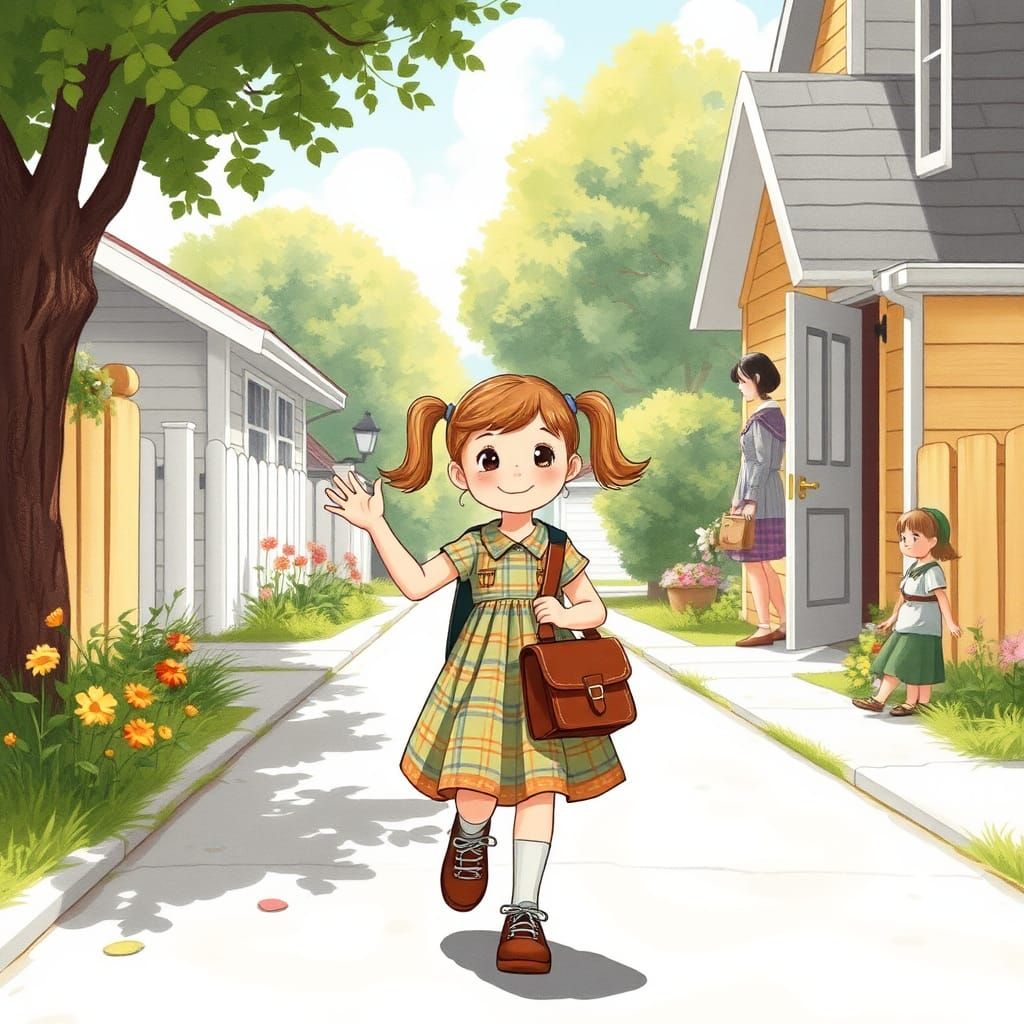 Girl's Sunny Walk to School in Rockwell Style