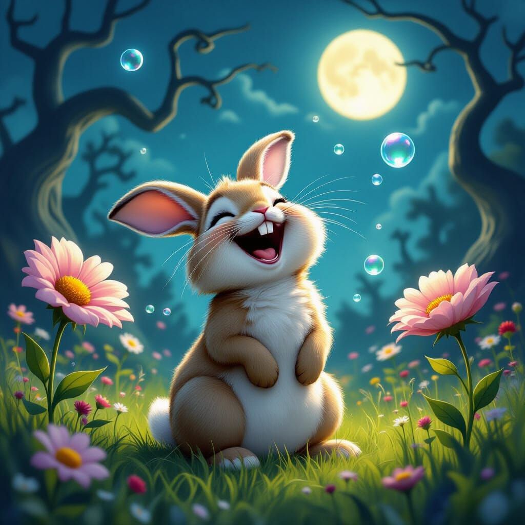 Eerie Bunny Laughing in Moonlit Wonderland