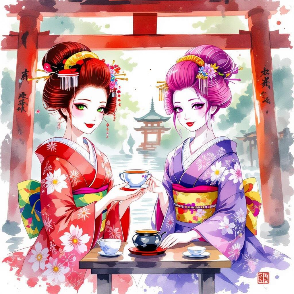 Geishas Serving Tea in Watercolor Alcohol Ink Style