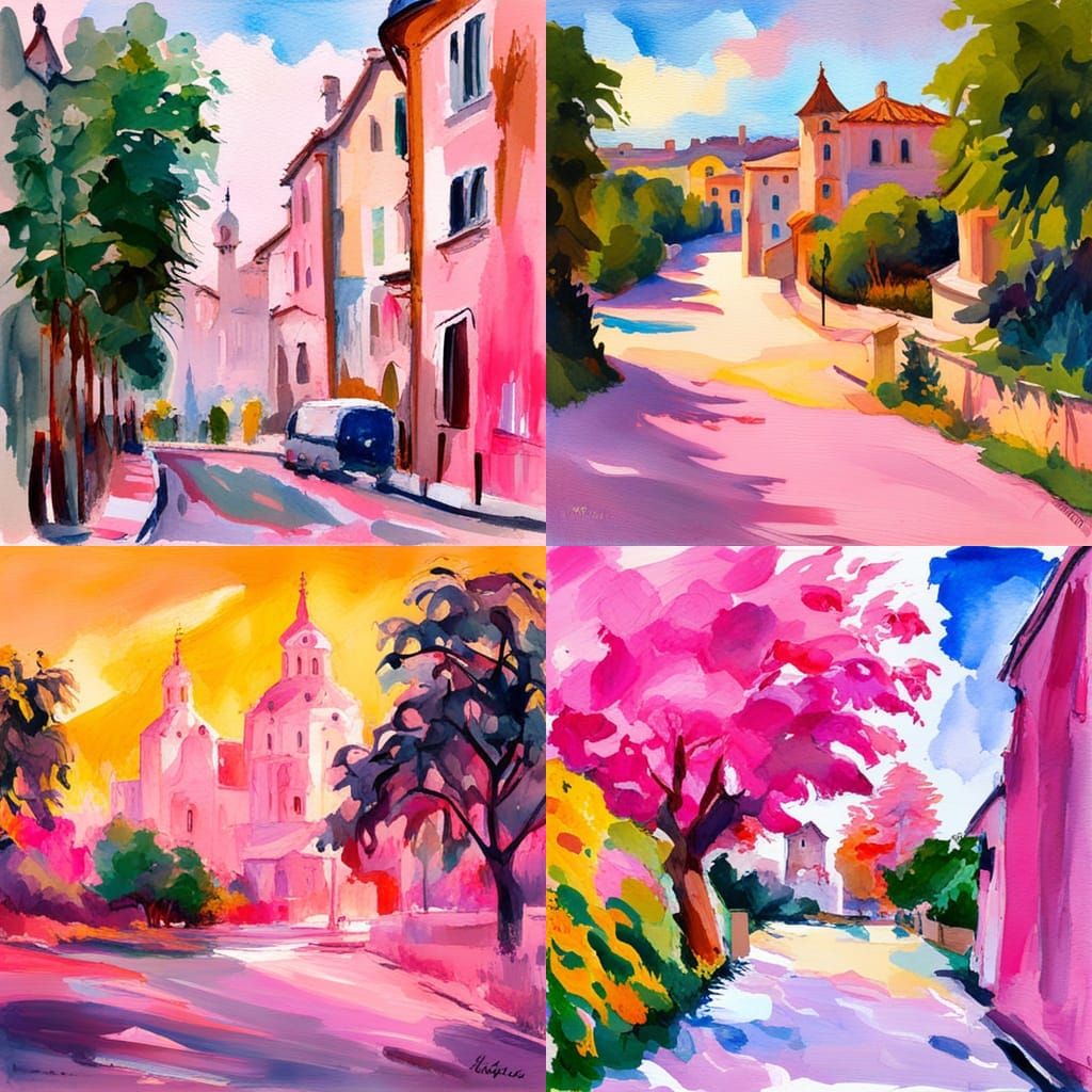 Pink Gouache Painting in Impressionist Style