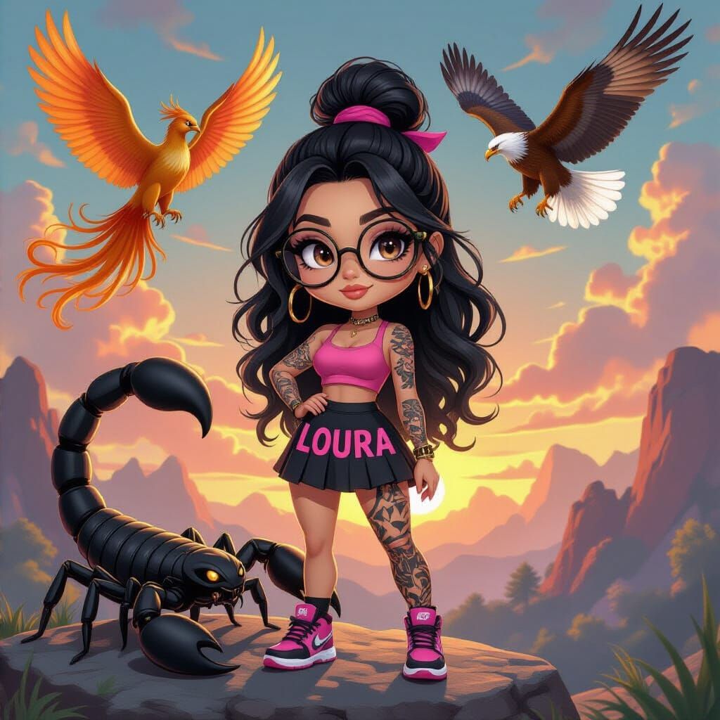 Chibi Woman with Scorpion and Birds, Digital Matte Painting