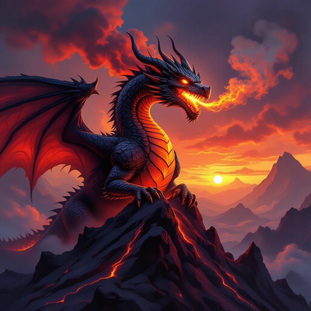 Molten Lava Dragon Roaring on Volcanic Peak