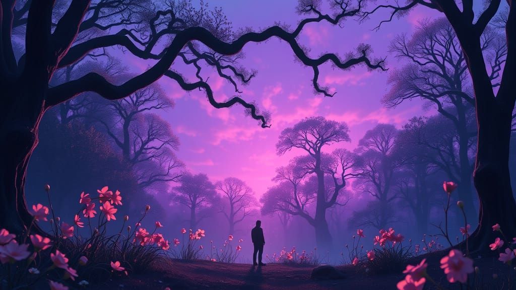 Ethereal Figure in Ancient Forest Twilight