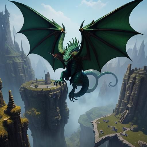 Dragon Rider Over Fantasy City, Dnd-Style Matte Painting