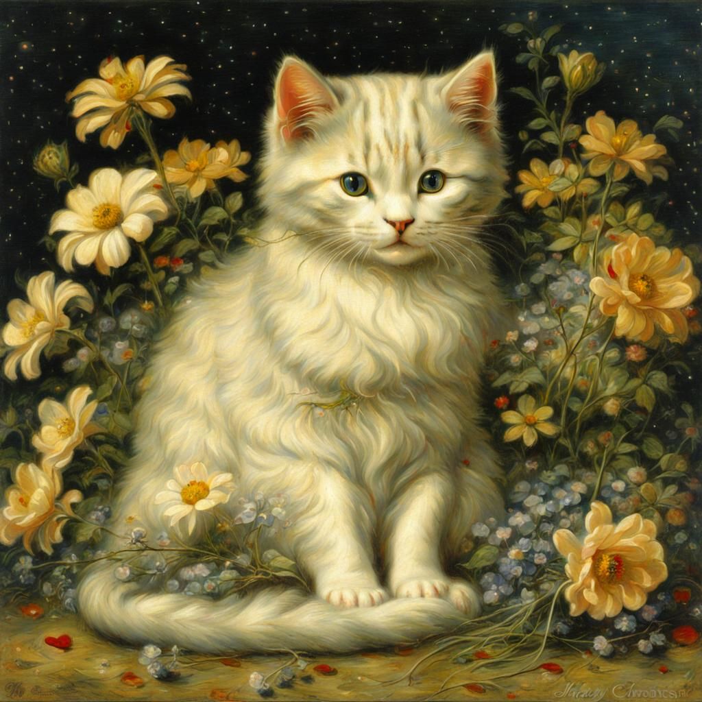 Cute Cat with Flowers in Pre-Raphaelite Style