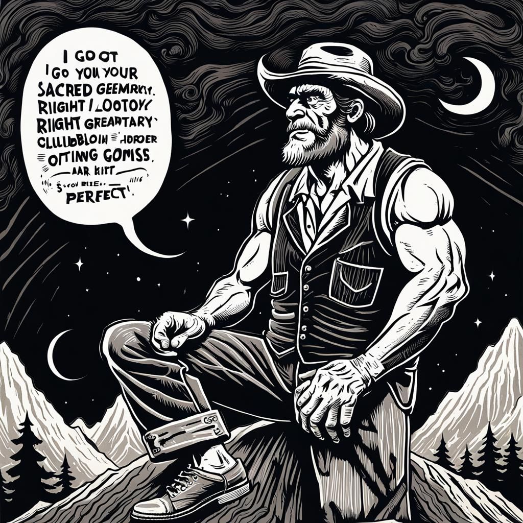 LinoCut of A gruff hillbilly cartoon Man Clutching his Loins with a Thought Balloon Stating: "I GOT YOUR SACRED GEOMETRY...