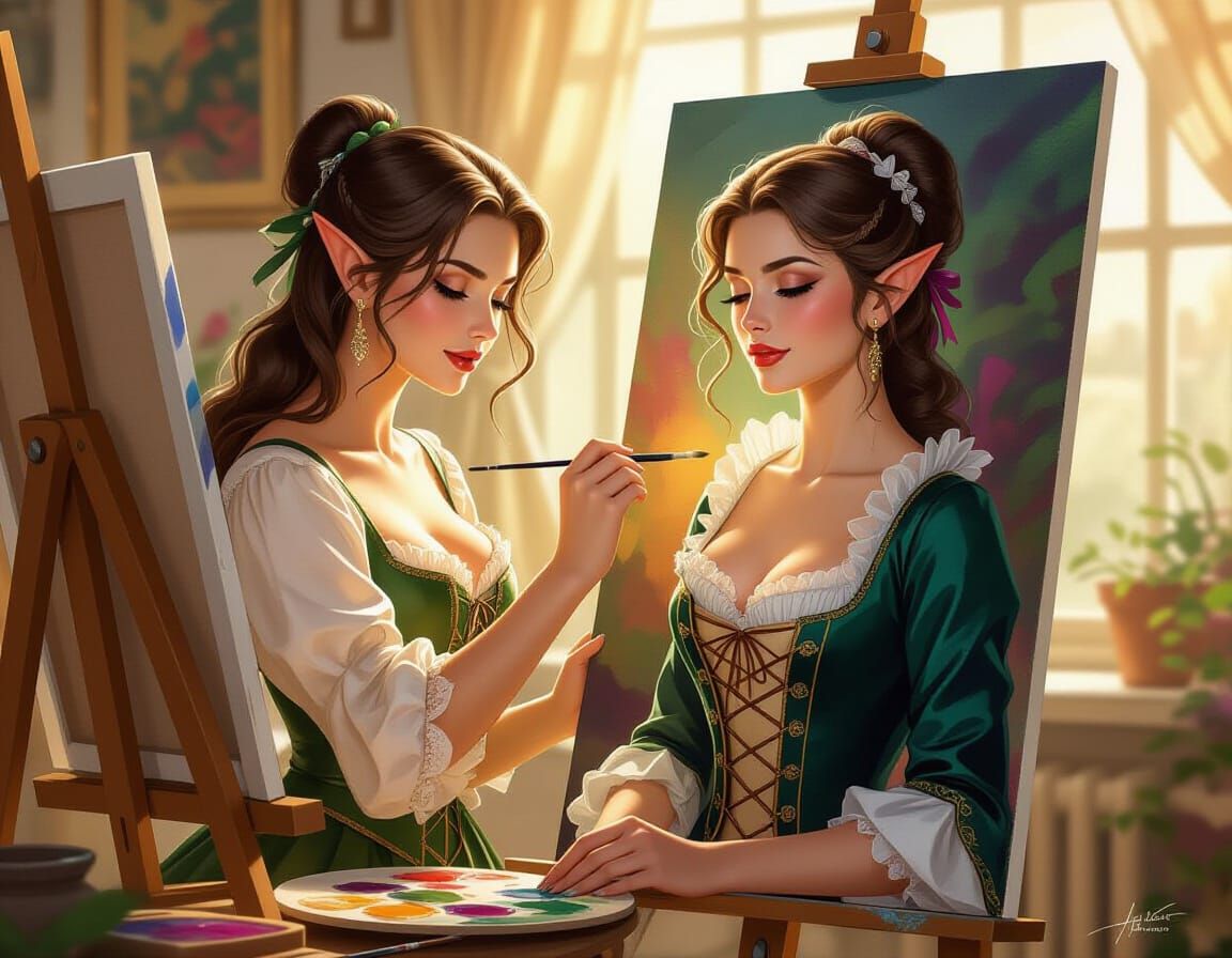 Elf Artist Paints Elegant Lady in 1700s Attire