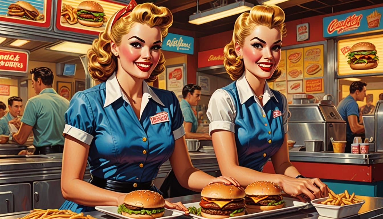 Retro Pin-Up Waitress Serving Burgers in Comic Style