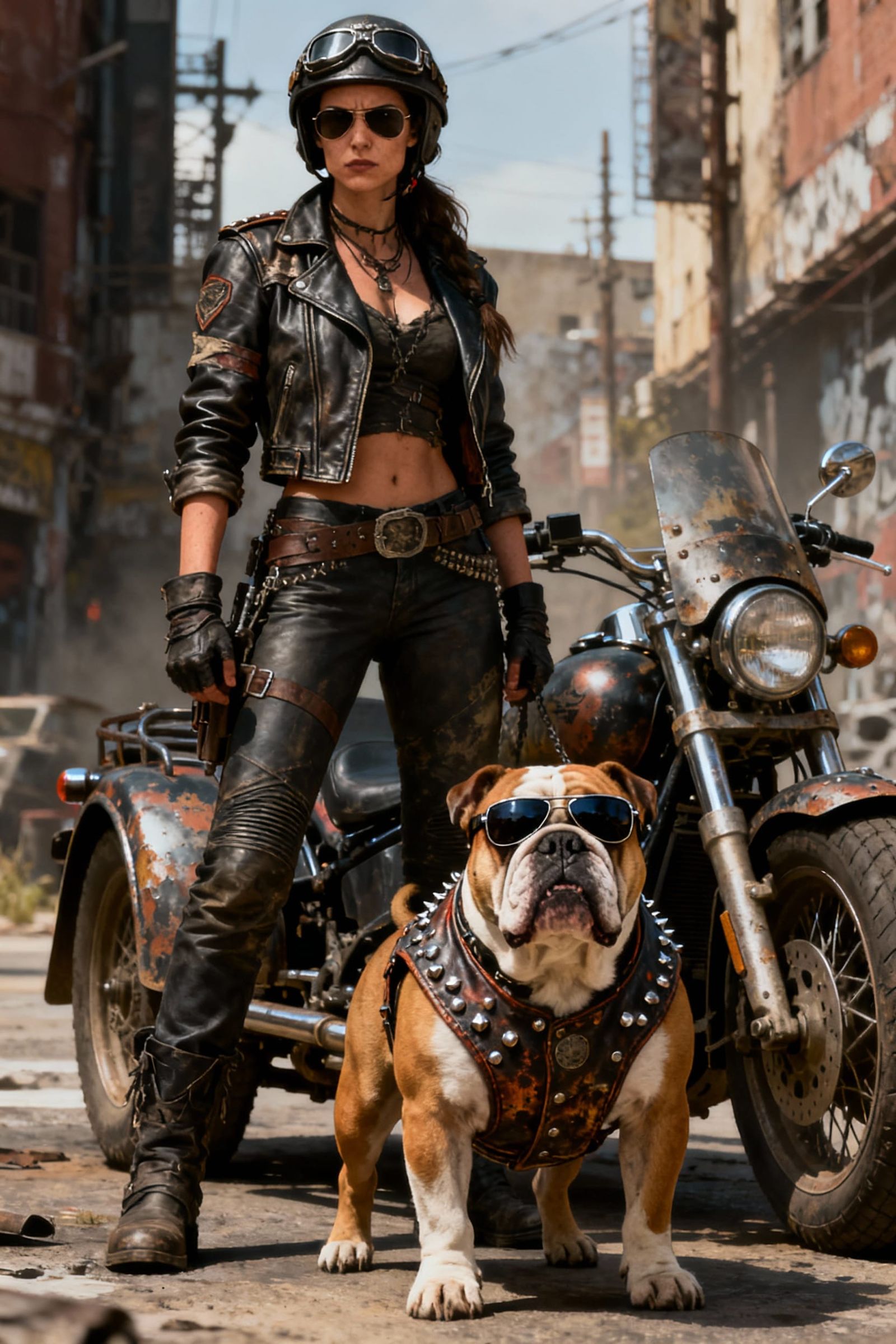 Woman Biker and Bulldog on Custom Chopper