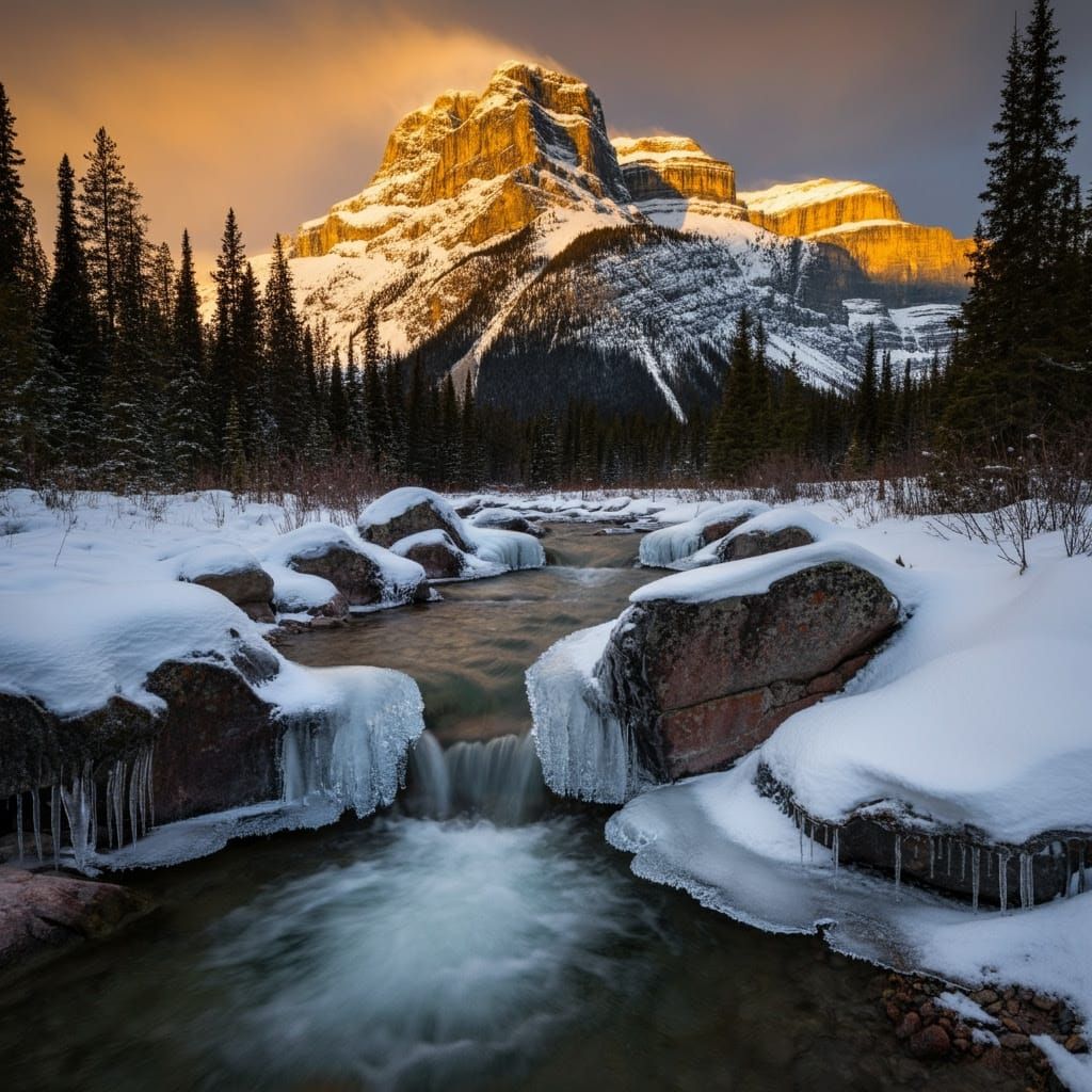 Winter Stream in the Canadian Rockies with Ice Bow