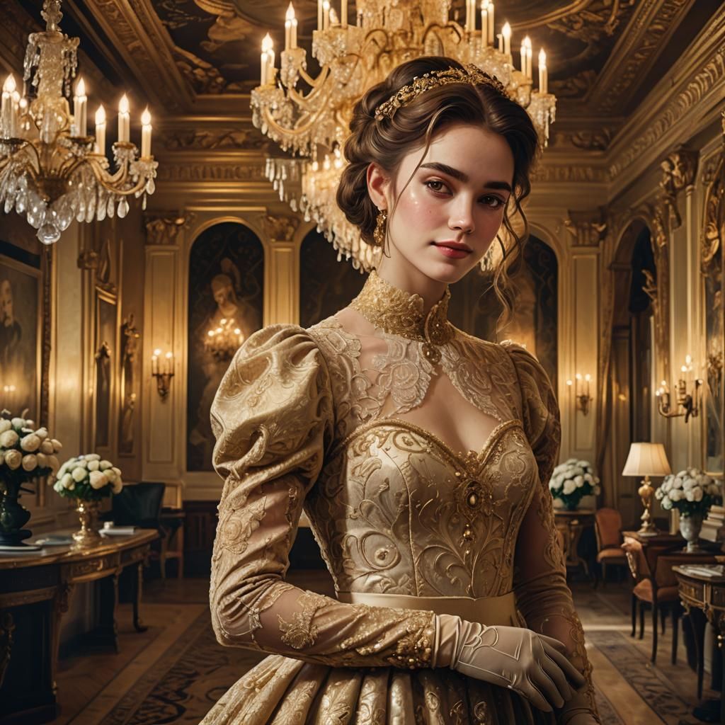 Elegant Woman in Velvet Dress Inspired by Klimt