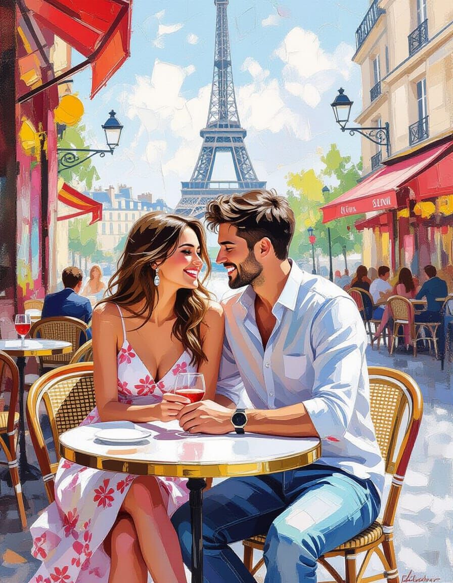 Romantic Parisian Café Couple in Impressionist Style
