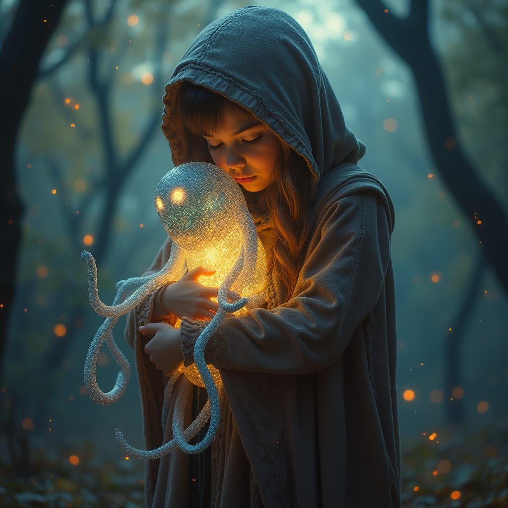 Enchanted Girl Embraces Ethereal Wraith in Dreamlike Landsca...