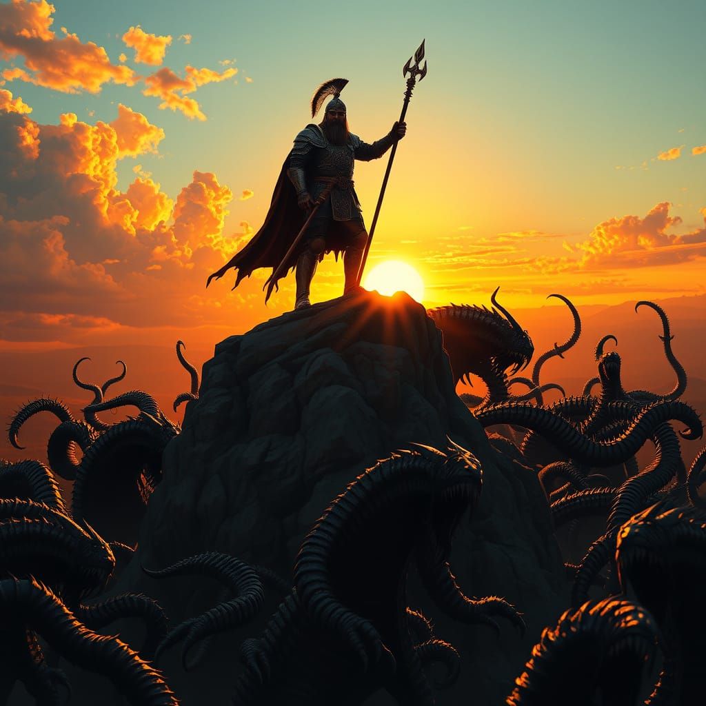 Baltic Warrior Triumphs Over Darkness in Golden Light