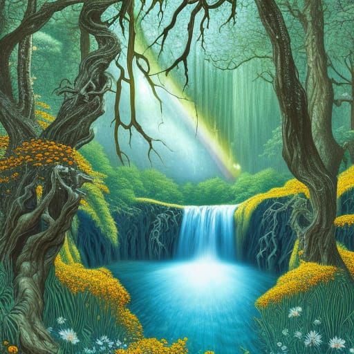 Magical Black Oak Forest with Turquoise Waterfall