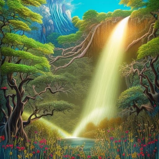 Magical Black Oak Forest and Turquoise Waterfall