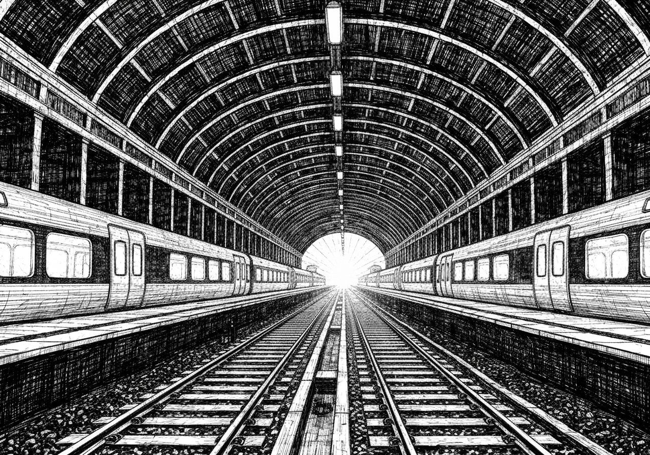 Dimly Lit Train Station with Arched Ceiling in Cross-Hatch S...