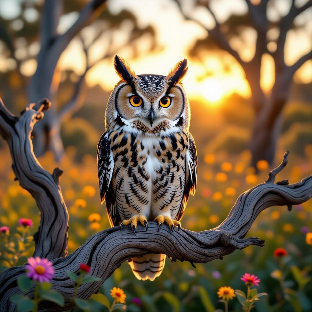 Wise Owl on Oak Branch in Golden Hour Light