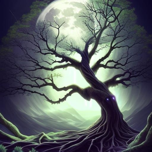 Giant Mother Tree Reaching for Moon: Detailed Digital Art