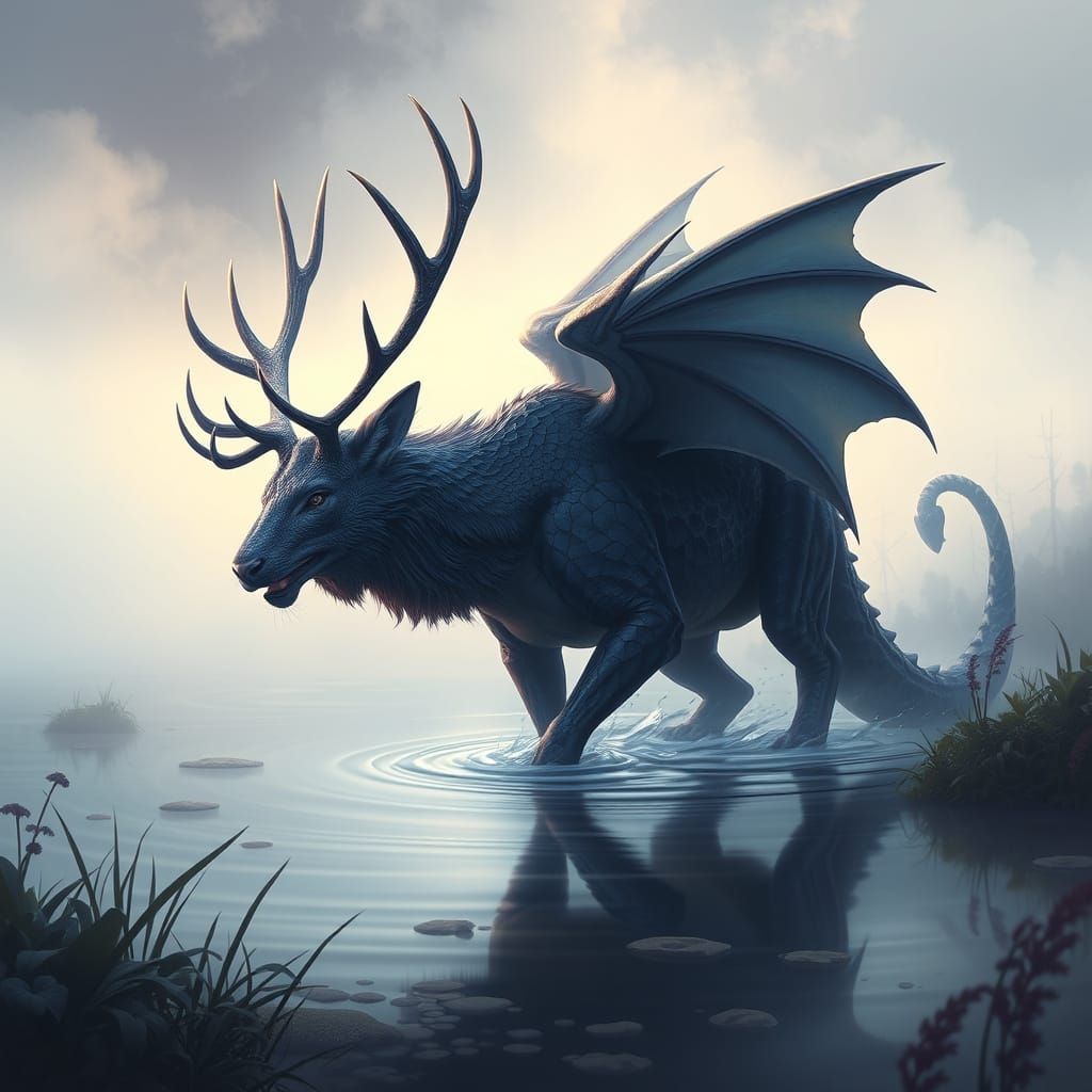 A elk-jaguar-dragon hybrid wading in a serene pond at dawn. Fantasy art, in blue, purple, and gold tones.