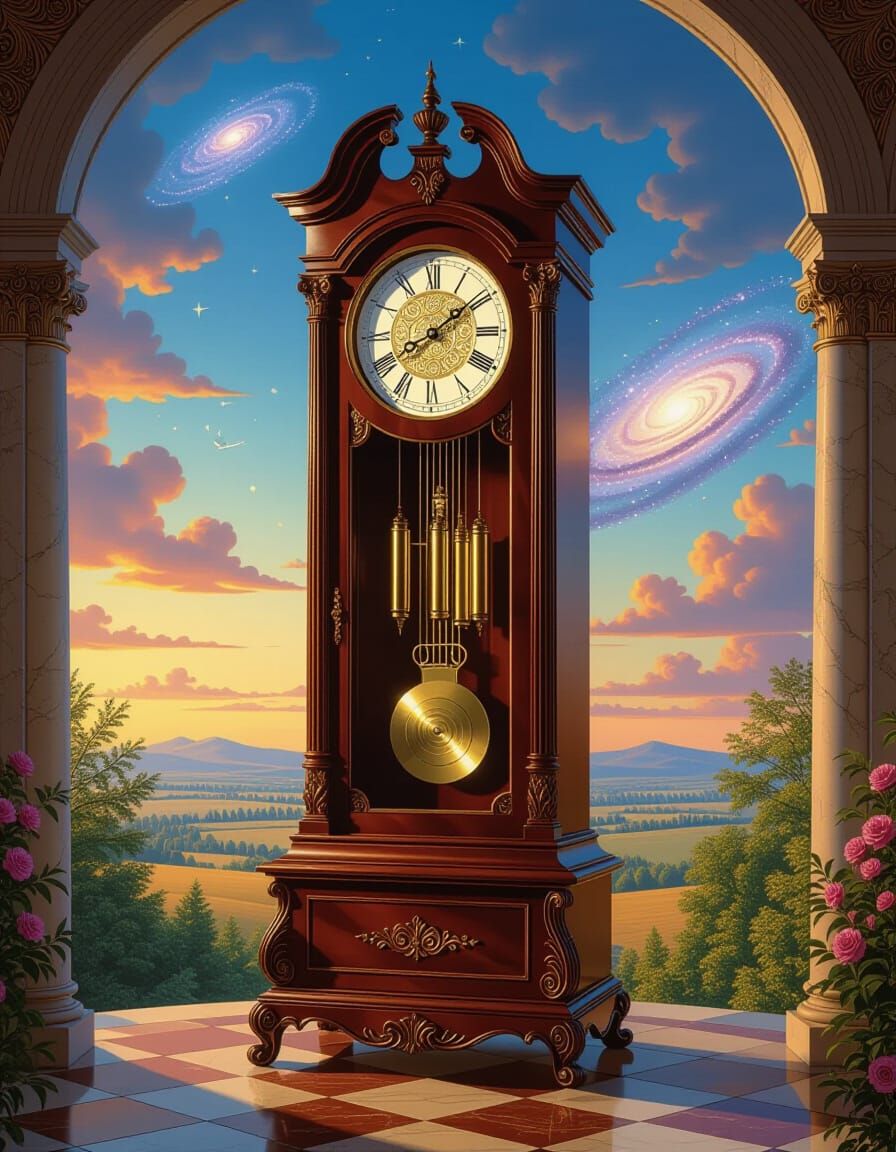Floating Grandfather Clock in Surreal Cosmic Dreamscape