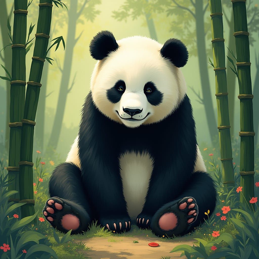 Peaceful Panda in Bamboo Forest, Painterly Style