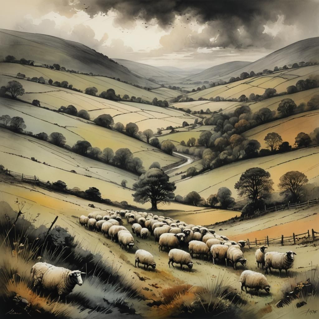Colourful Rural Landscape with Sheep, Charcoal Drawing