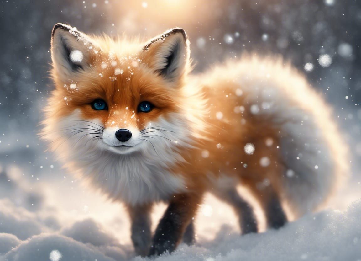 Chibi Snow Fox in Glittering Morning Snow