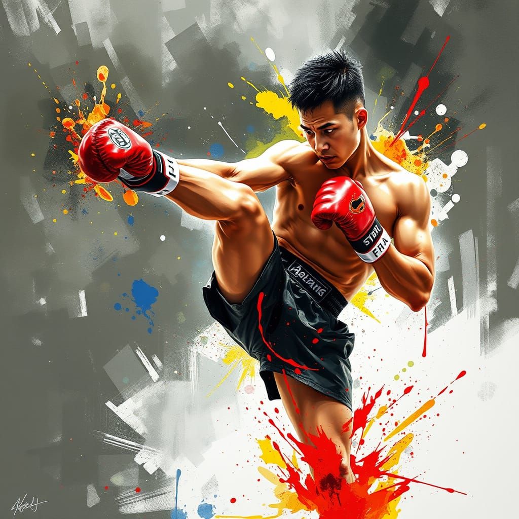 Action painting. Thai kickboxer Petchtanong Petchfergus, lots of energy, doing a kickboxing maneuver, lots of focus, spl...