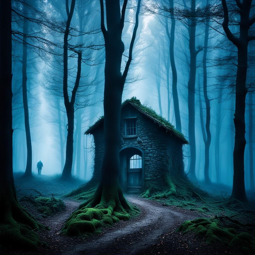 Eerie Forest Cabin with Ghost in Dark Fantasy Style