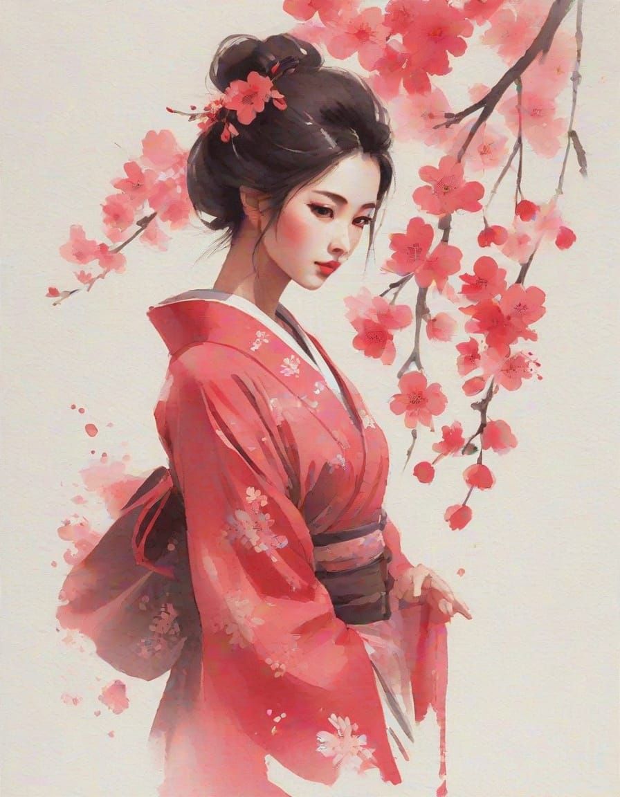 Japanese Woman and Cherry Blossoms in Sumi-e Style