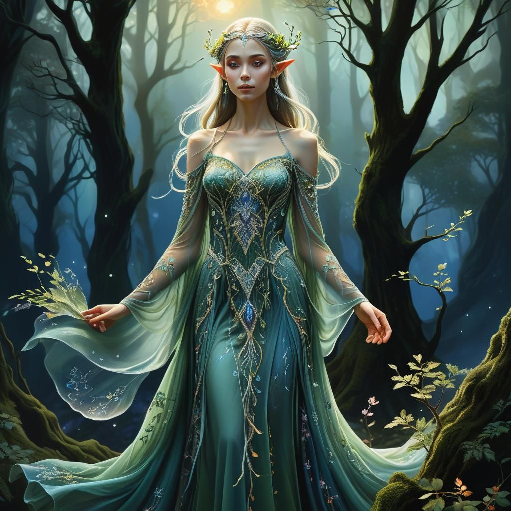 Mystical Elven Maiden in Twilight Forest