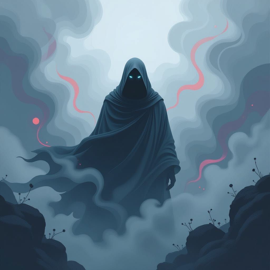 Mysterious Figure in Surreal Futuristic Landscape