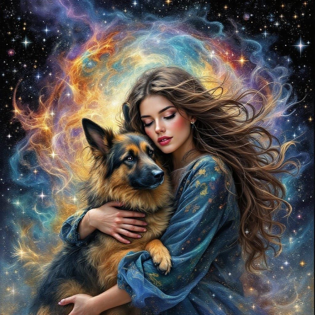 Woman in Cosmic Whirlwind, Holding Loyal German Shepherd Com...