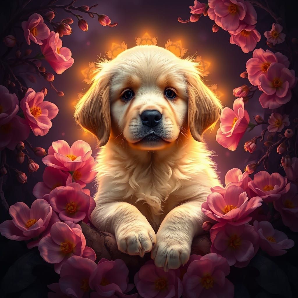 Golden Puppy in Enchanted Floral Halo