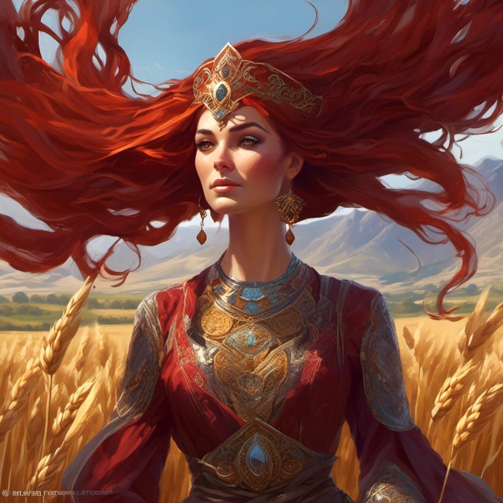 Persian Goddess in Wheat Field, Hyperreal Portrait