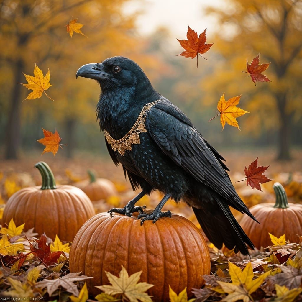 Raven Perched on Pumpkin in Fall Splendor