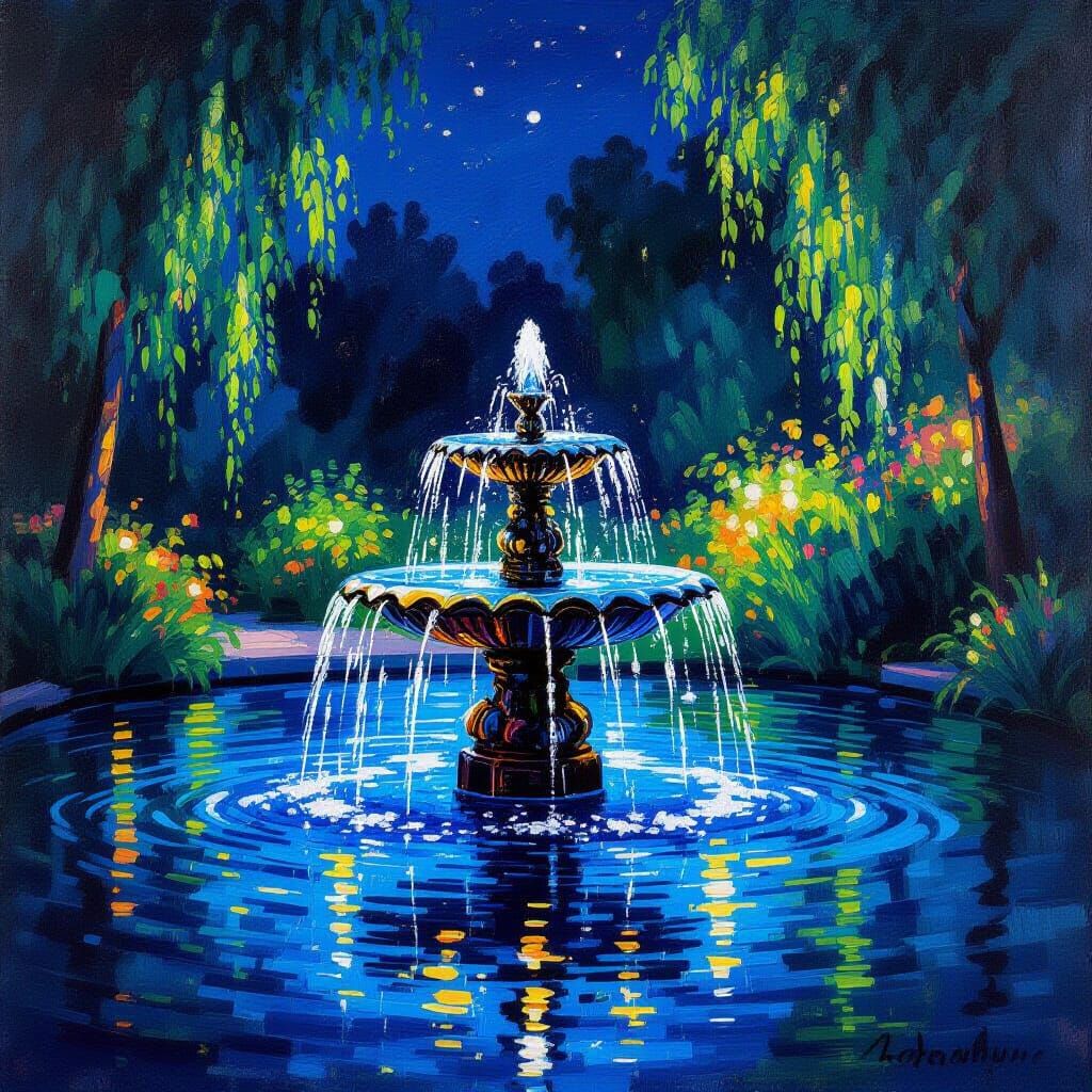 Night Fountain with Shimmering Lights in Impressionist Style