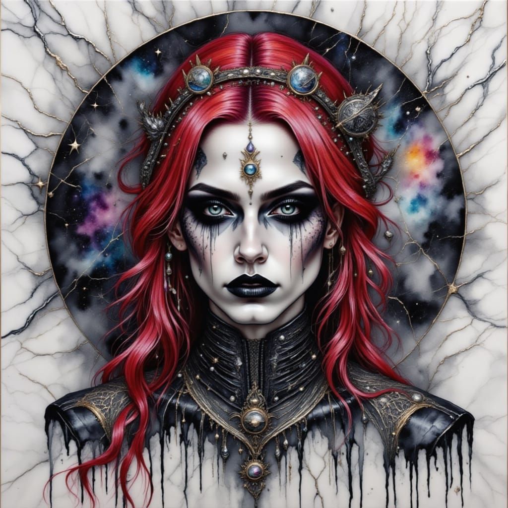 Gothic Watercolor Portrait of Redhead Woman in Space