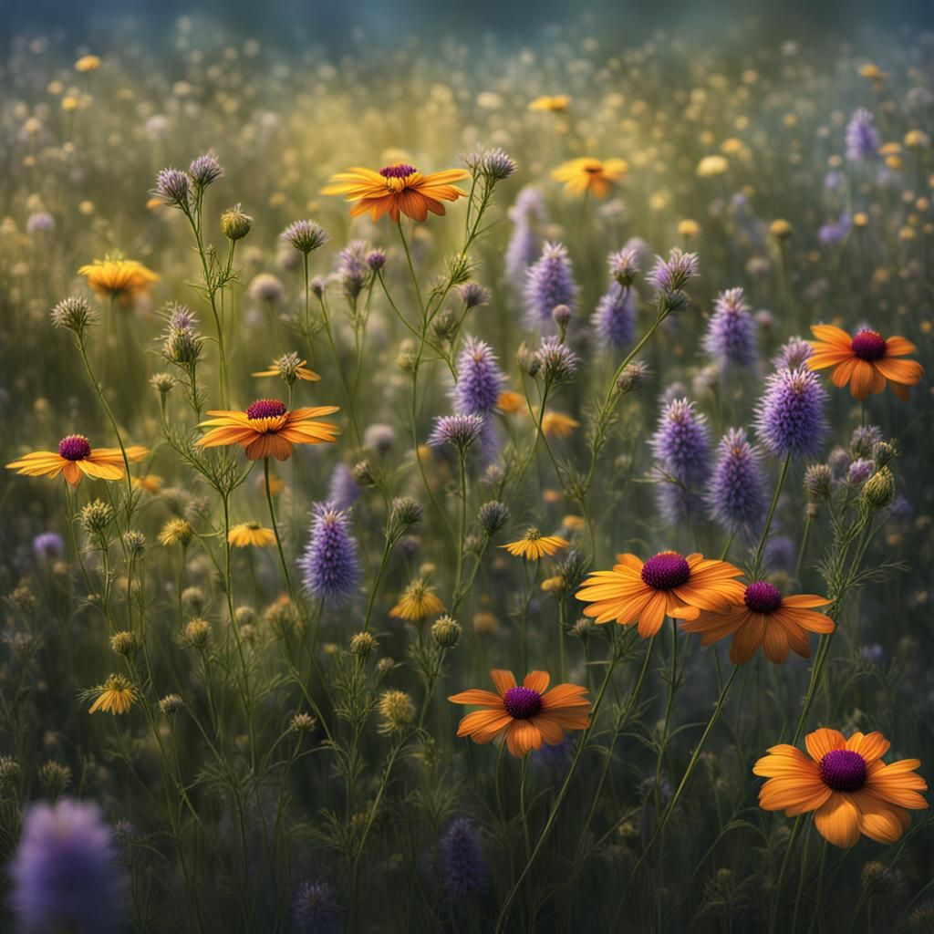 Hyperrealistic Wildflowers in Meadow, Sharp Focus
