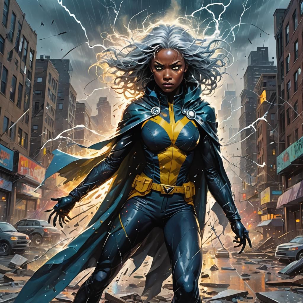 X-Men Storm Amidst Chaotic Cityscape